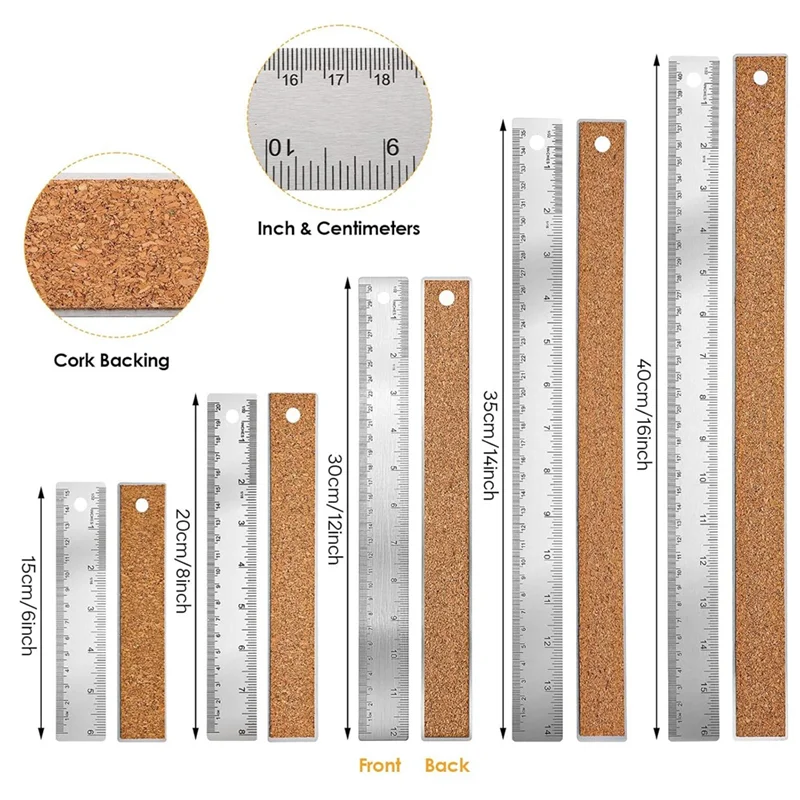 5Pcs Cork Backed Ruler Stainless Steel Ruler, 6/8/12/14/16 Inch Metal Ruler,Straight Edge Ruler Non-Slip Metal Rulers