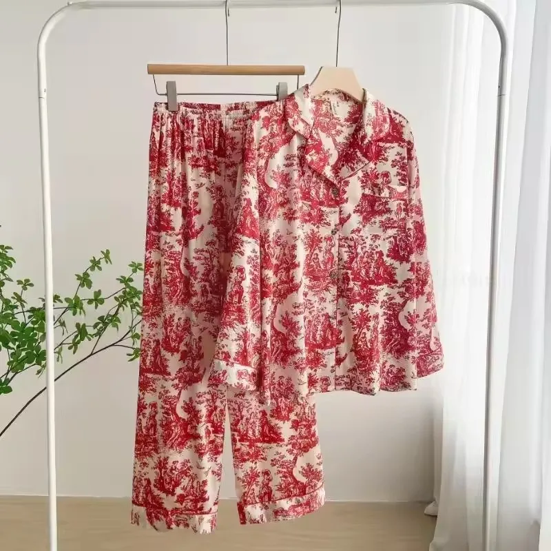 

Women's Pajamas Sets Spring Autumn 2 Piece Print Leaves Pyjama Faux Silk Satin Sleepwear Long Sleeve Pijama Mujer Pjs Homewear