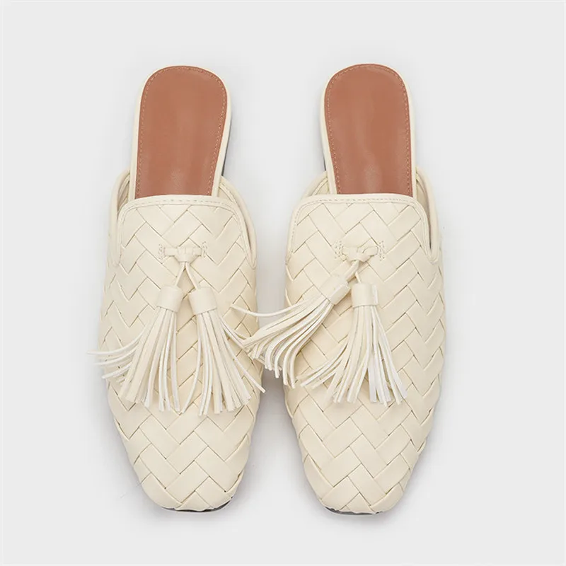 Fringed Slippers Women 2024 Braided Flat Shoes Square Toe Tassels Sandals Hollow Out Ladies Mules Comfortable Beach Slides