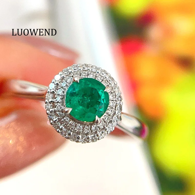 

LUOWEND 100% 18K White Gold Rings Luxury Round Shape Shiny Diamond Natural Emerald Ring for Women High Anniversary Gift