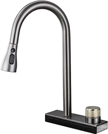 Modern  Commercial Waterfall Kitchen Sink Faucet Stainless Steel Satin Graphic Design  with Pull Down for Kitchen