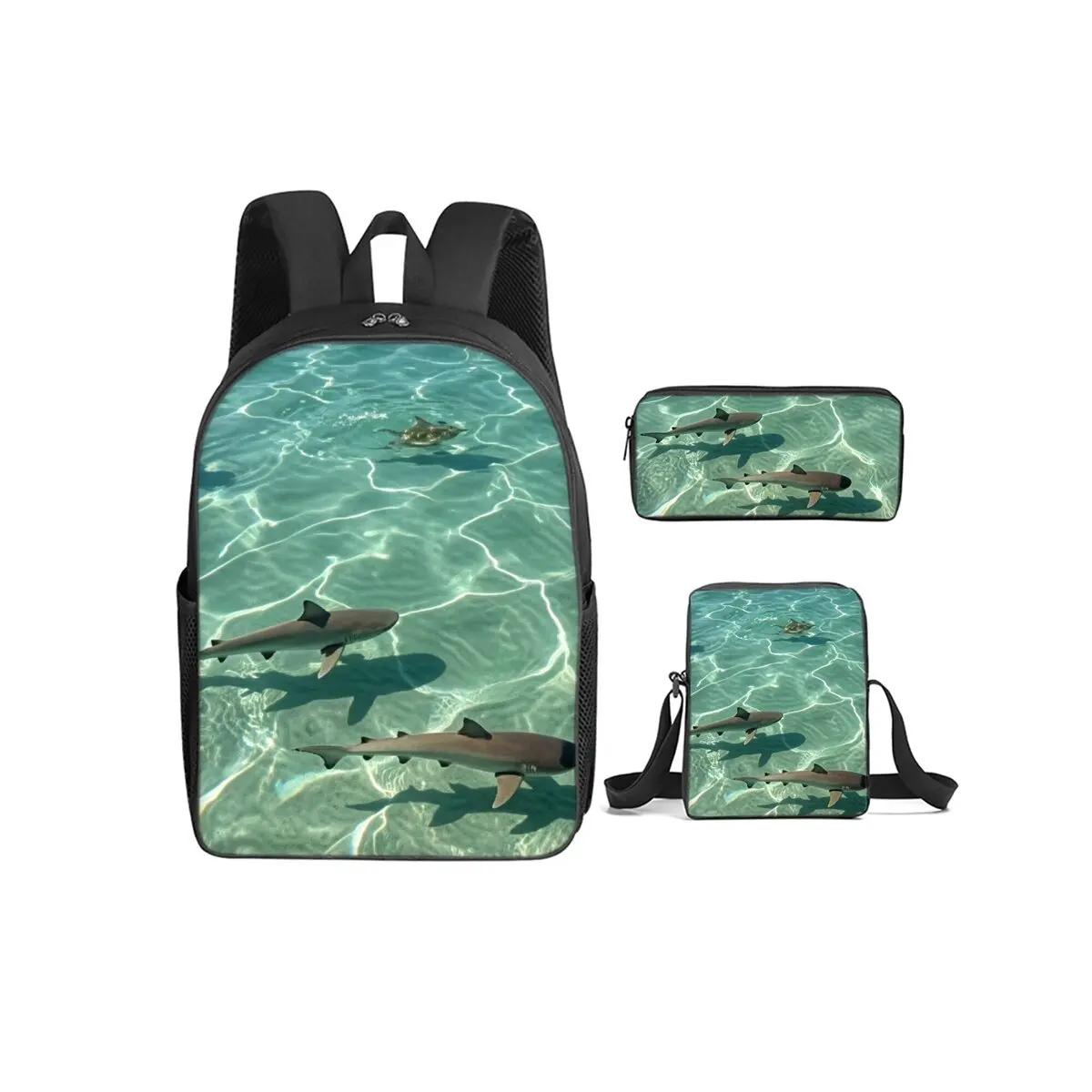 Shark Marine Print 3Pcs/Set Backpack with Messenger Bag ,Pencil Bags for Boy/Girl Best Gift Cartoon Student School Bags