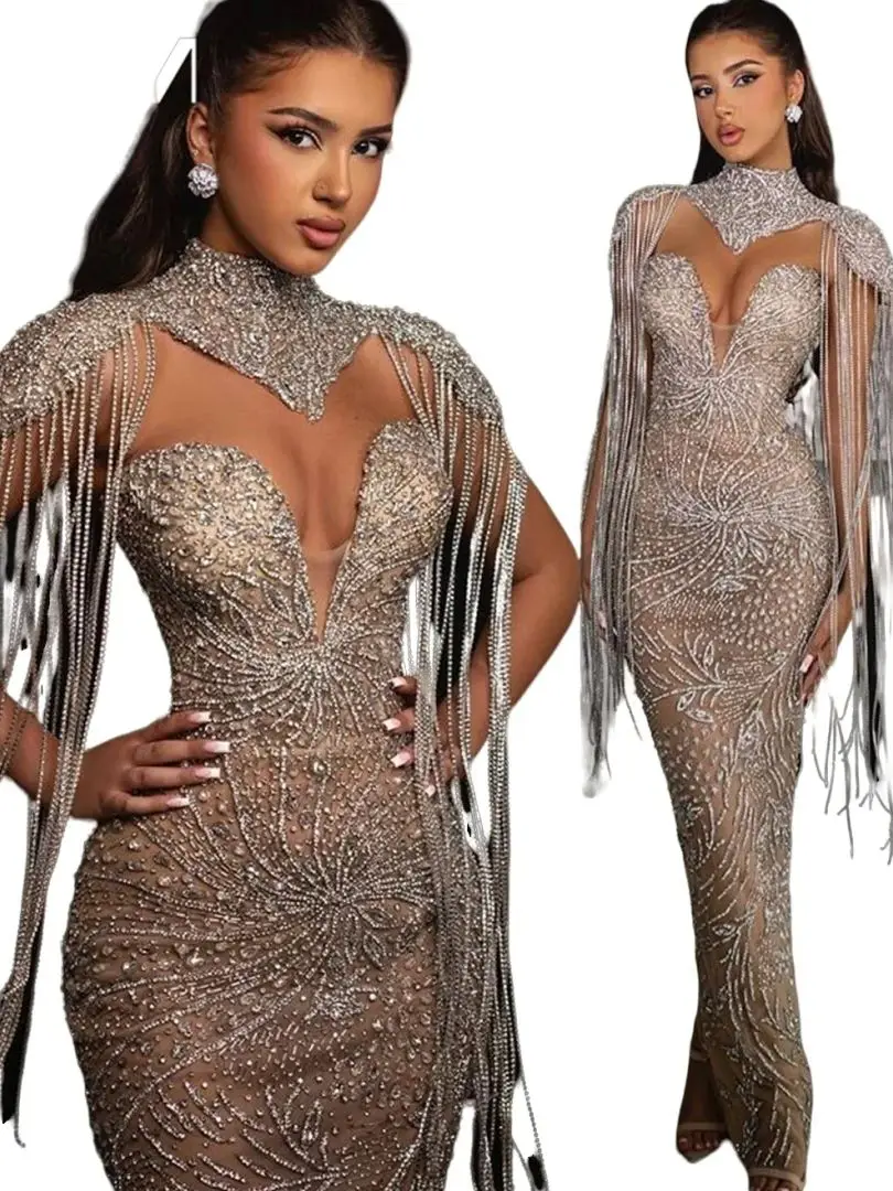 Beads Rhinestones Long Evening Dress Luxury Handwork Tassel Mermaid Beading Prom Dresses Women Party Gown