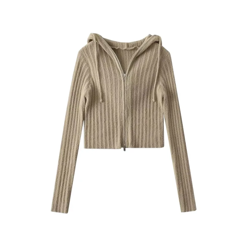 

European American Hooded Double Zipper Furry Knitted Cardigan Sweater High Waist Short Versatile Long Sleeve Top for Hot Girls