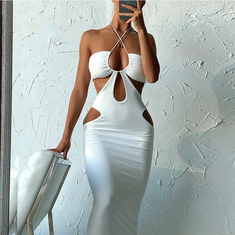 

Vestido largo negro sin mangas con espalda descubierta para mujer, ropa de calle con cuello Halter, Sexy, para fiesta y Club