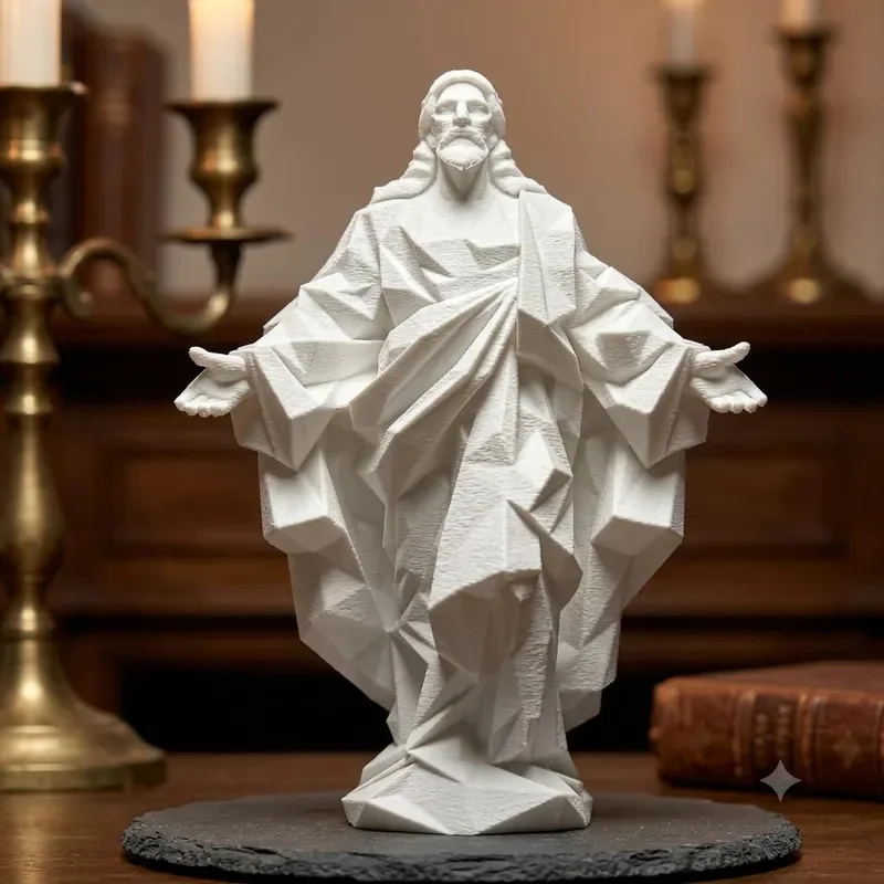 Geometric Faceted Blessing Figure Statue Open Arms Robed Sculpture White Stone Texture Modern Art Tabletop Home Decor Ornament