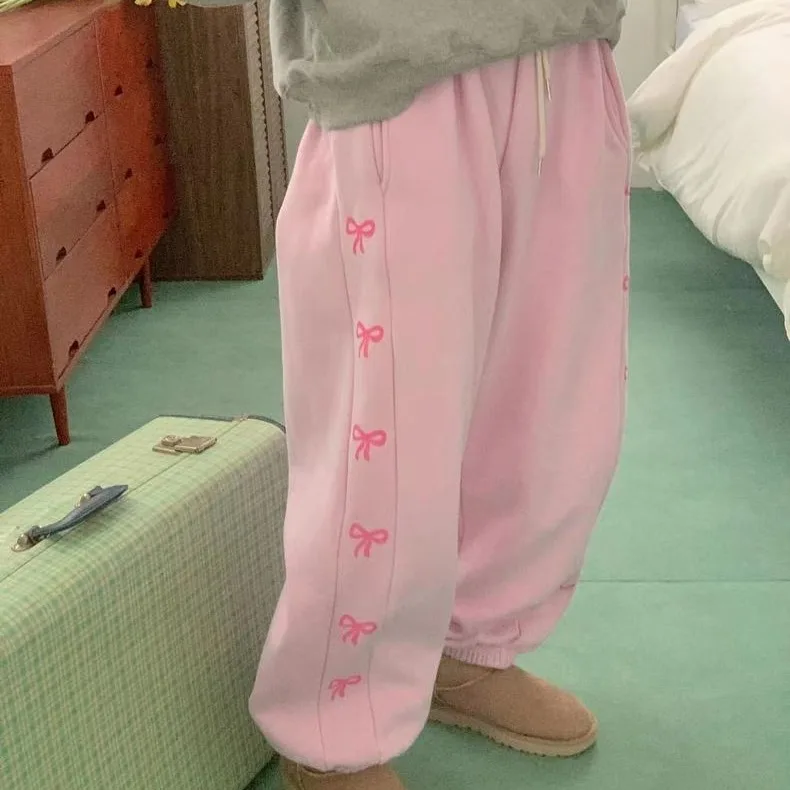 South korea Simple Japan fashion Cute Bow Print Cream Color Fleece-lined Thick Warm Casual Elastic Waist Sweatpants