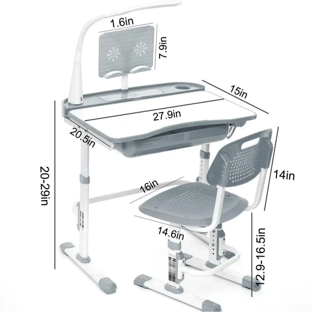 Kids Desk and Chair Set, Height Adjustable Children School Desk with Tilt Desktop, LED Lamp, Metal Hook and Storage Drawer