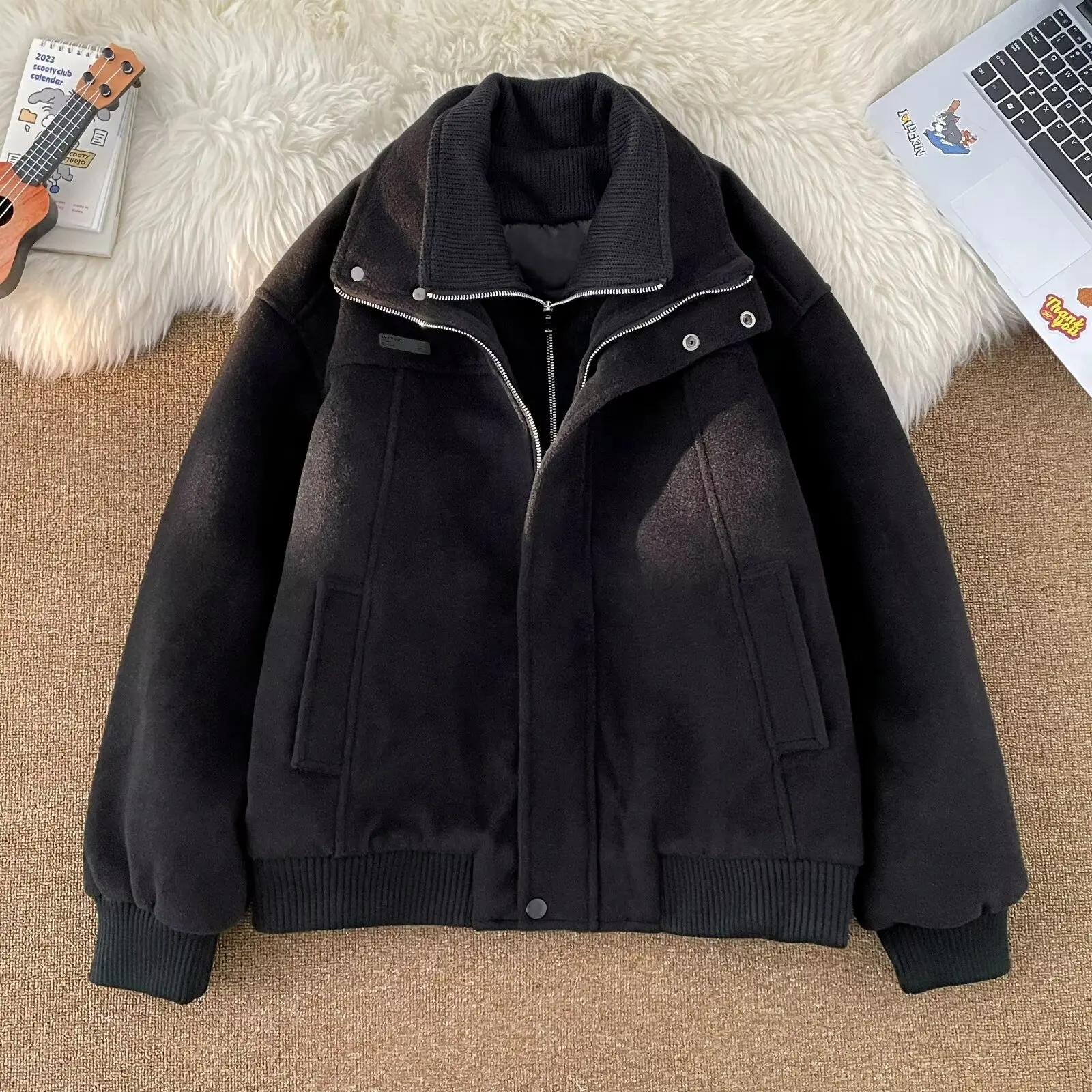 Thickened Cotton Jacket Men's Winter Coat Zipper Double Layer Collar American Style Woolen Outerwear Casual Style Polyester F...