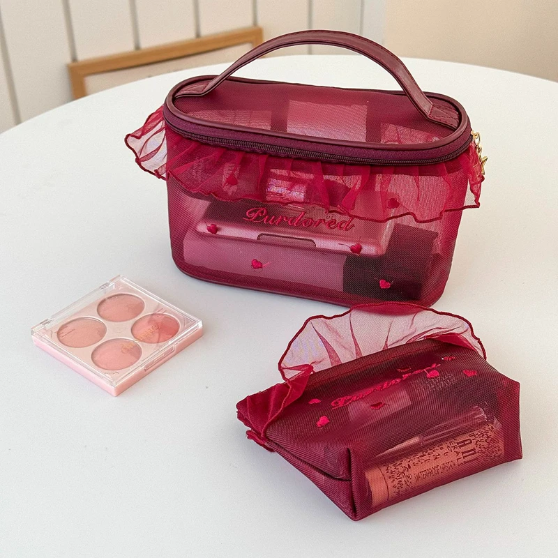 Y2k Summer Beach Girl Pink Mesh Embroidered Lace Makeup Bag Waterproof Portable Makeup Storage Bag