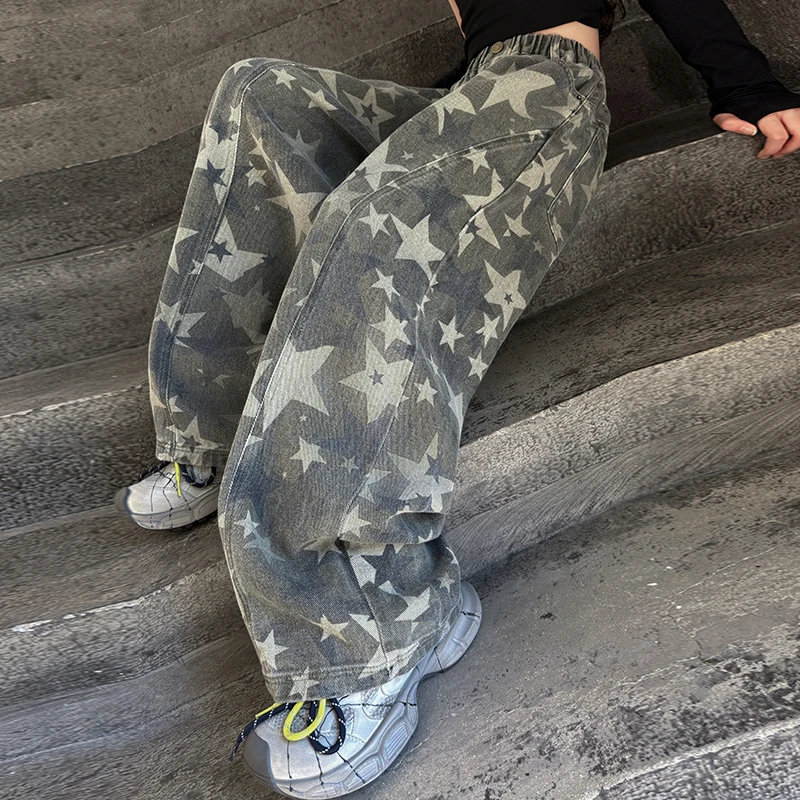 American Fashion Kids Harajuku Khaki Jeans With Stars for Girls Loose Casual Wide Leg Trousers Children Camouflage Denim Pants