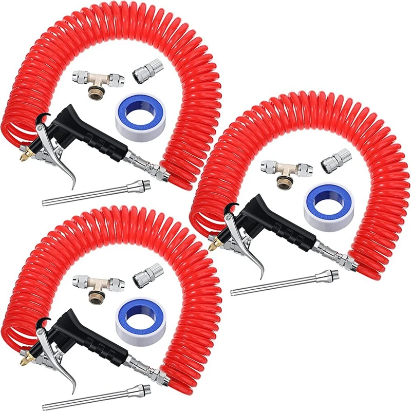 3 Set Truck Dust Air Blow Gun Kit Blow Gun Cleaning With 24.6 Ft Long Coil And 3 Interchangeable Nozzle Tips Heavy Duty