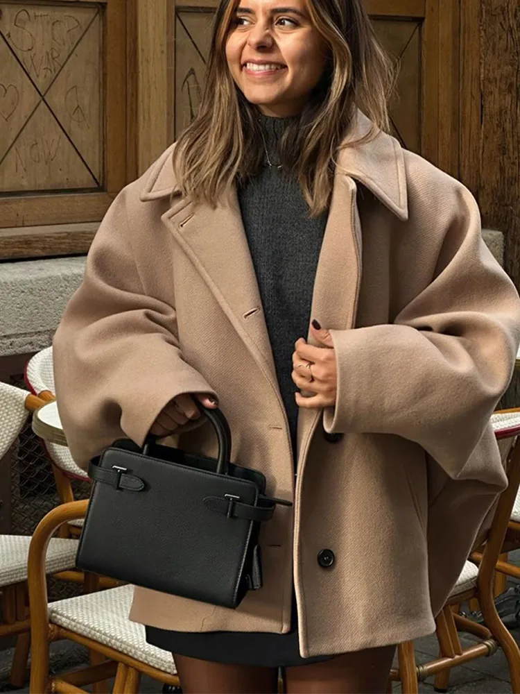 

Женское повседневное однобортное шерстяное пальто с лацканами, укороченные куртки большого размера с карманами, верхняя одежда в стиле High Street, осень 2024