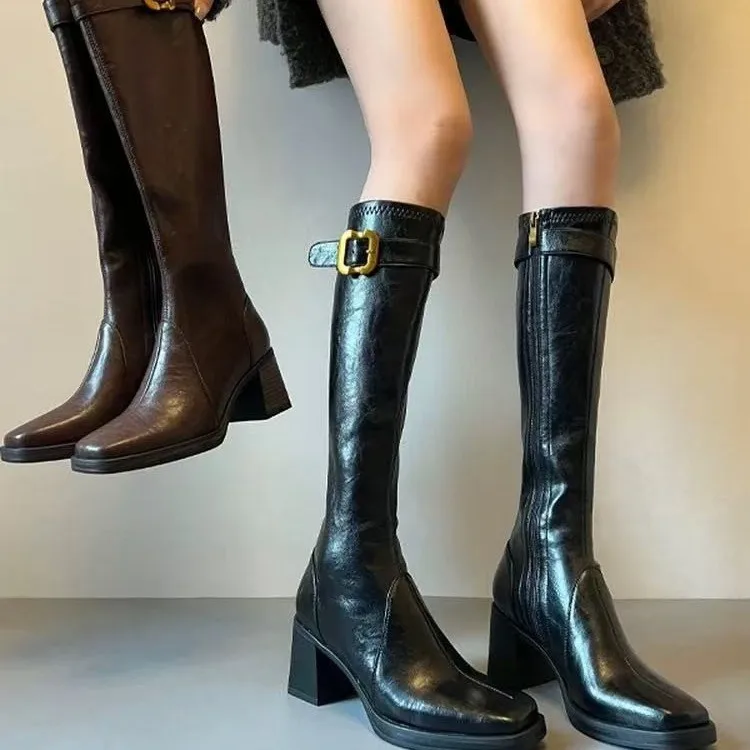 

High heeled long tube boots for women 2025 new style autumn and winter knee high boots square headed knight boots