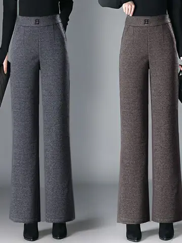 하이웨이스트 두꺼운 플리스 여성 캐주얼 팬츠 스트레이트 레그 벨바텀 따뜻한 바지 가을 겨울 울 여성 바지