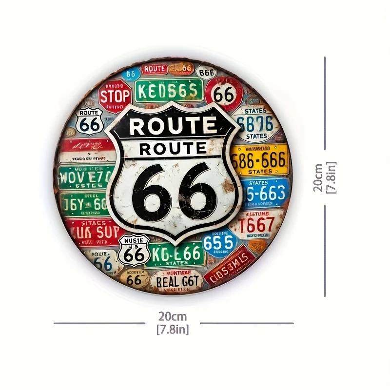 Vintage Route 66 License Plate Collage Round Tin Sign, Retro Distressed US Highway 66 Shield Metal Wall Art, Rustic Classic Amer