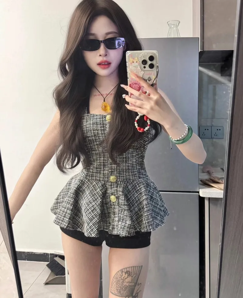 Korean Fashion Clothing Neck-mounted Chic Design Hotsweet Girl Camis Crop Top Women Backless Waist Cinched Sleeveless Tank Tops