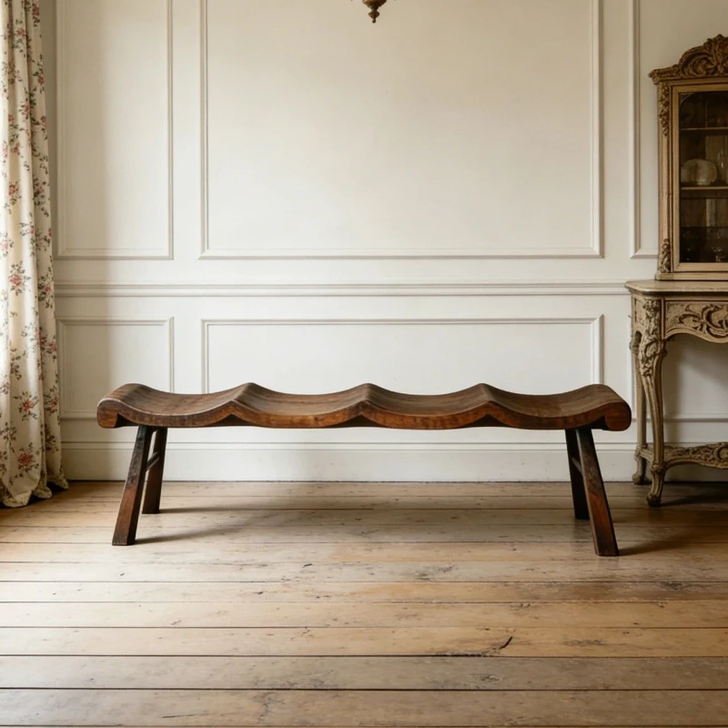 

Light luxury solid wood bench retro wavy edge design sense home log shoe changing stool living room stool bedside stool