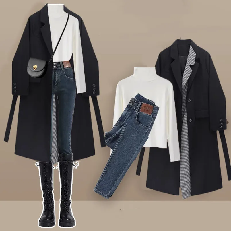 Herfst En Winter Mode Dames Set Nieuwe Koreaanse Hoge Kraag Onderkant Shirt Temperament Windjack Jeans Driedelige Set