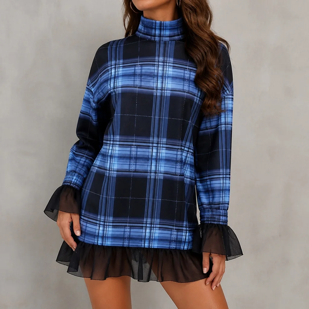 Women's Vintage Blue Plaid Turtleneck Mini Dress Long Sleeve Mesh Ruffle Hem Loose Oversized Tunic Street Party Casual Dresses