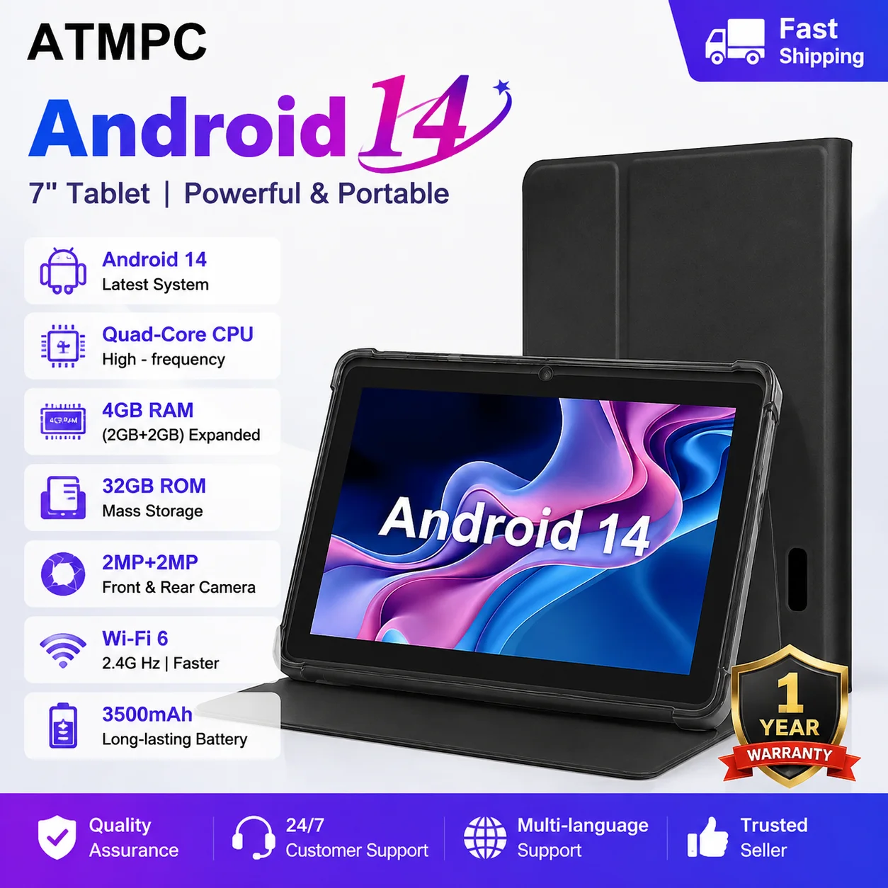 Tablette PC Android 14 ATMPC IT-701A, 7 pouces, 4 Go de RAM, 32 Go de ROM, processeur quadricœur, écran IPS, batterie de 3 500 mAh, Wi-Fi 2,4 GHz, chargement Type-C, prise en charge USB OTG