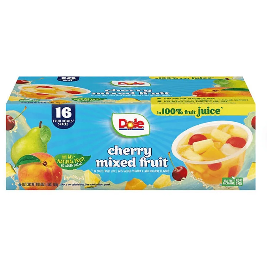 

Dole Cherry Mixed Fruit Bowls in 100 Juice 4 oz. 16 pk.