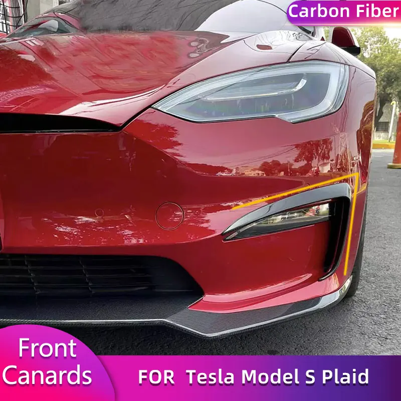 Full Carbon Fiber Front Bumper Canards for Tesla Model S Plaid Sedan 4-Door 2021-2023 Car Front Air Vent Trims Fins Body Kits