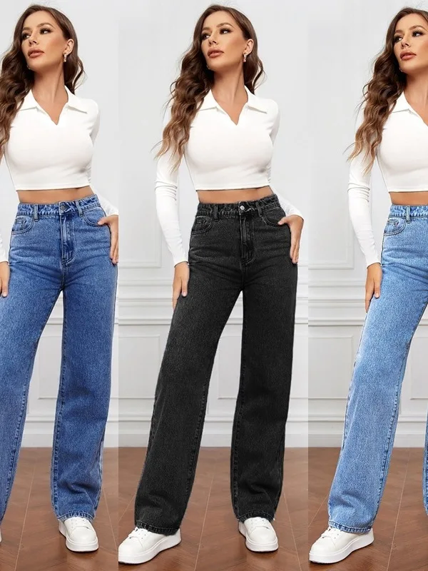 Faionable polyvalent taille haute jambe droite jean pour femmes printemps été décontracté confortable Stretch Denim pantalon