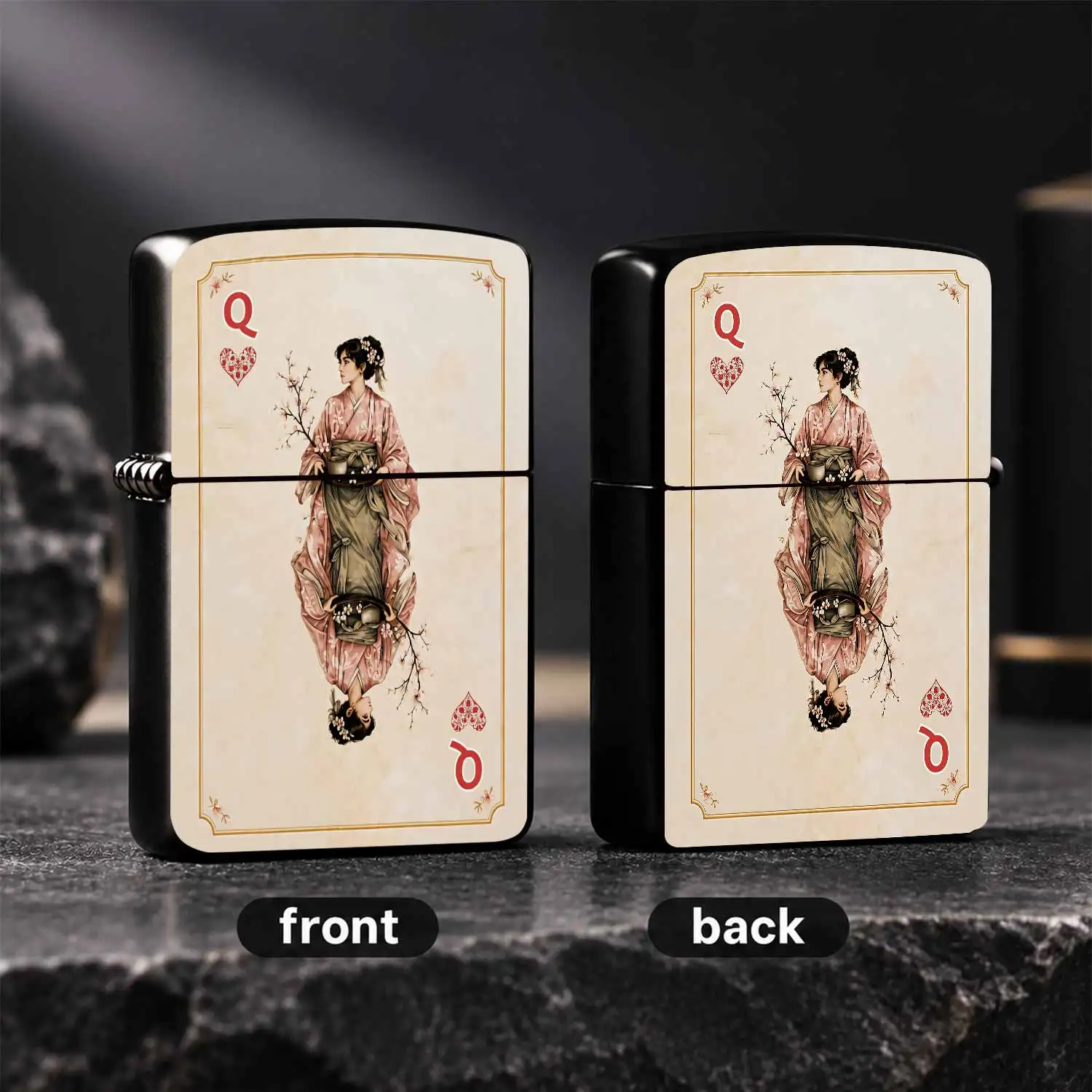 Vintage Playing Card Style Heart Lighter, Exquisite Cherry Blossom Kimono Lady Art Print Elegant Portable Igniter, Unique Aesthetic Creative Present For Festival Holiday Home Decor Daily Use A Humorous And Interesting Lighter