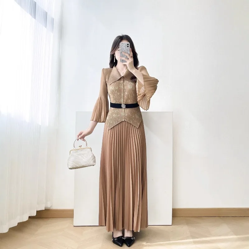 بدلة نسائية مياكي بطيات 2026 موضة أوروبية جديدة ختم الخصر بلوزة رقيقة مزاجه أنيقة Plisse نصف تنورة 2 مجموعات