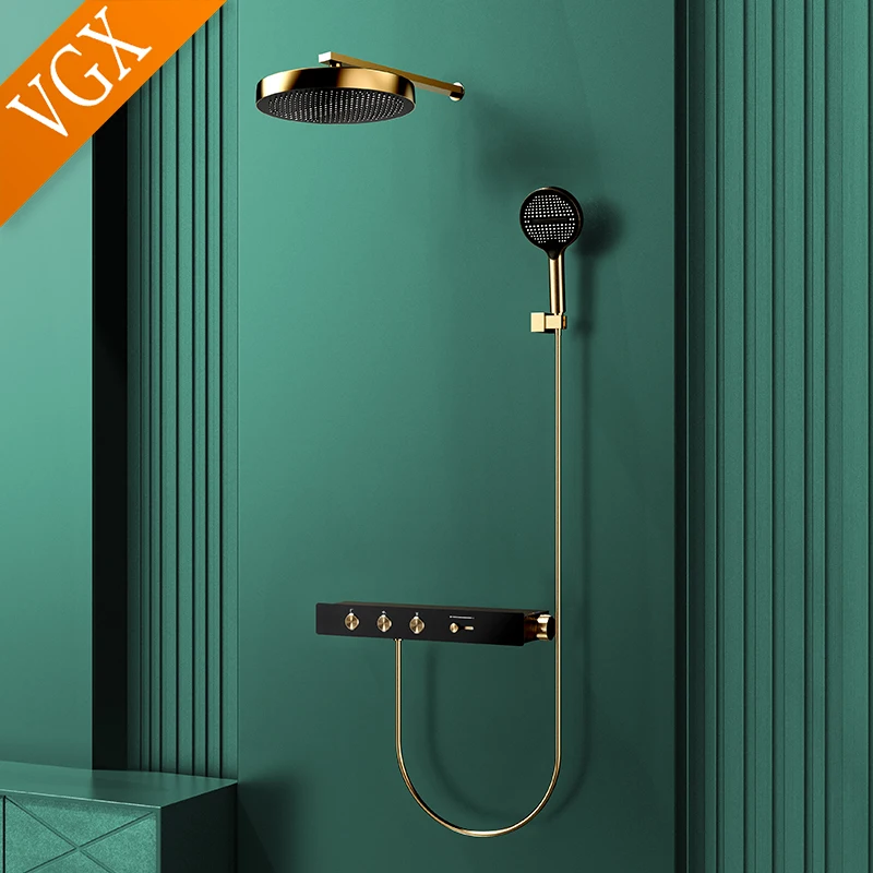 VGX Set sistema doccia termostatico Set doccia da bagno a scomparsa di lusso Set soffione doccia a pioggia in ottone Set rubinetto doccia dorato