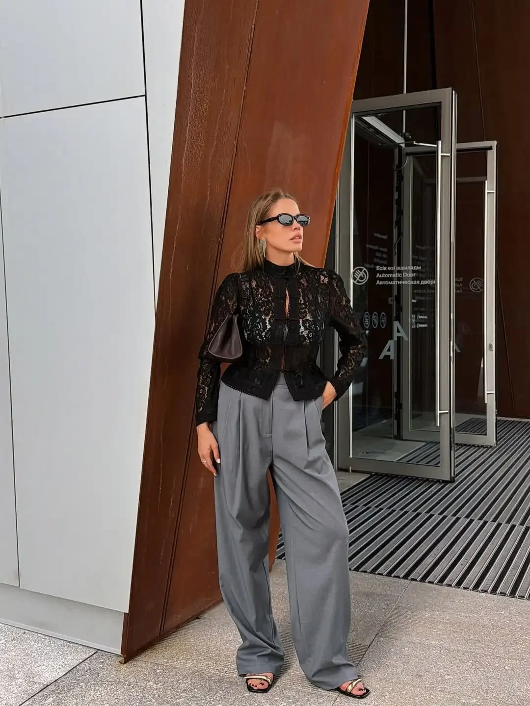 Women Black Hollow‑Out Lace Cropped  Top Stand Collar Button Front Sheer Long Sleeve  Vintage Elegant Commuter Outerwear Blouse