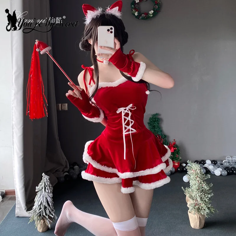 [You're My Secret] Christmas Dress Suit Women Xmas Cosplay Costume Red Suit Party Rabbit Ears Hooded Shawl Christmas Girl Set