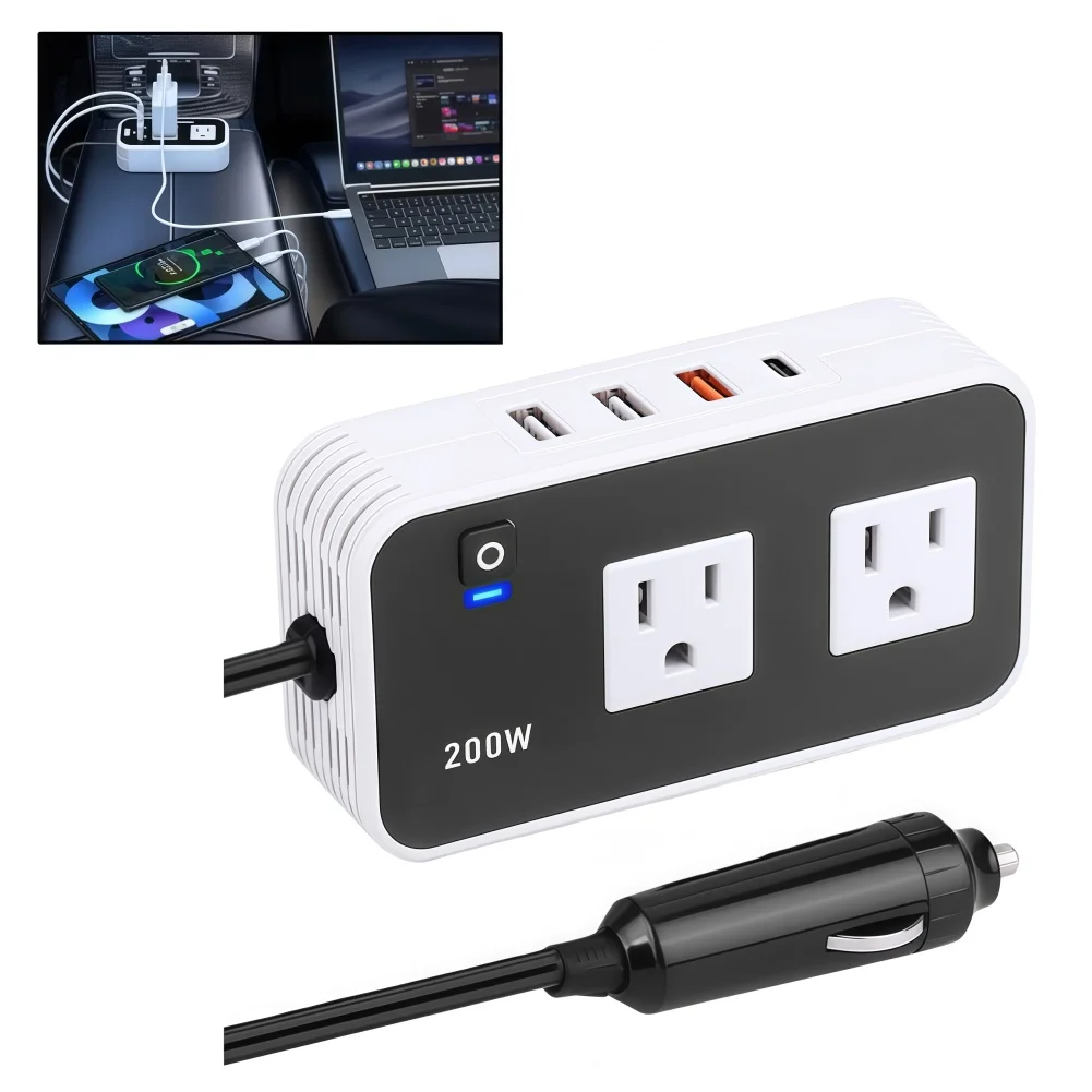 

Автомобильный инвертор 200 Вт, DC 12В в AC 110В, с двумя розетками переменного тока и USB-портами для зарядки различных электронных устройств