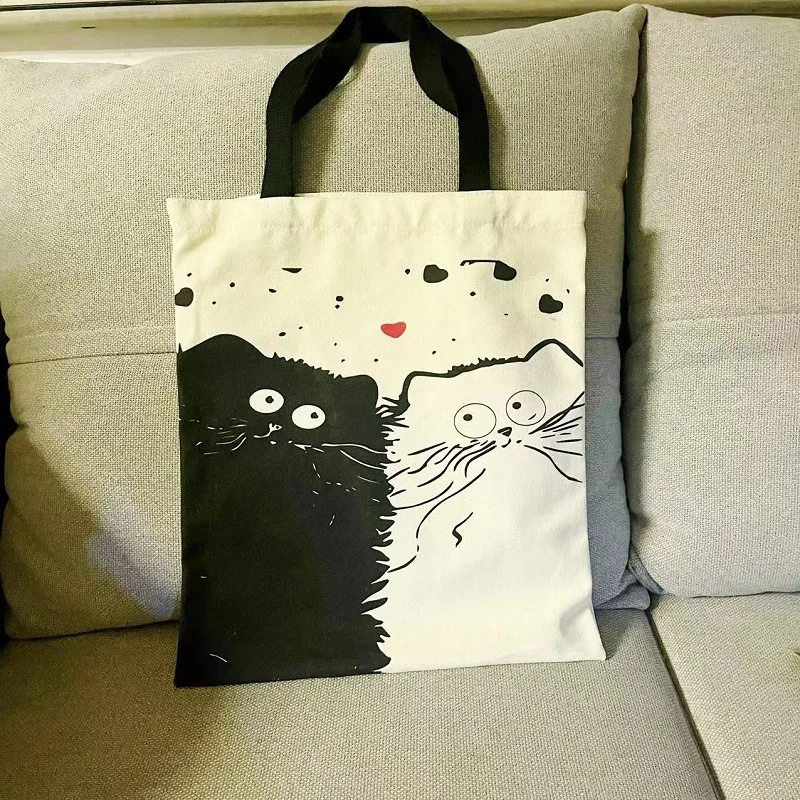 Fried Hairy Cat Can Be Shoulder Handheld Reusable Cute Cat Cartoon Campus Students Class Zip Handbag Cloth Bag