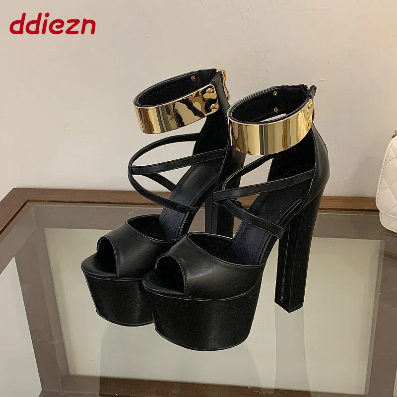 

16CM Super High Heels Platform Sandals Women Designer Metal Buckle Strap Peep Toe Pumps Sexy Party Wedding Lady Platform Shoes