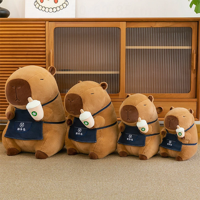 

Кавайная капибара, плюшевая игрушка, мягкая кукла с фартуком и чашкой для чая с молоком, милая мягкая игрушка для детей, подарок на день рождения, Рождество, чучело животного