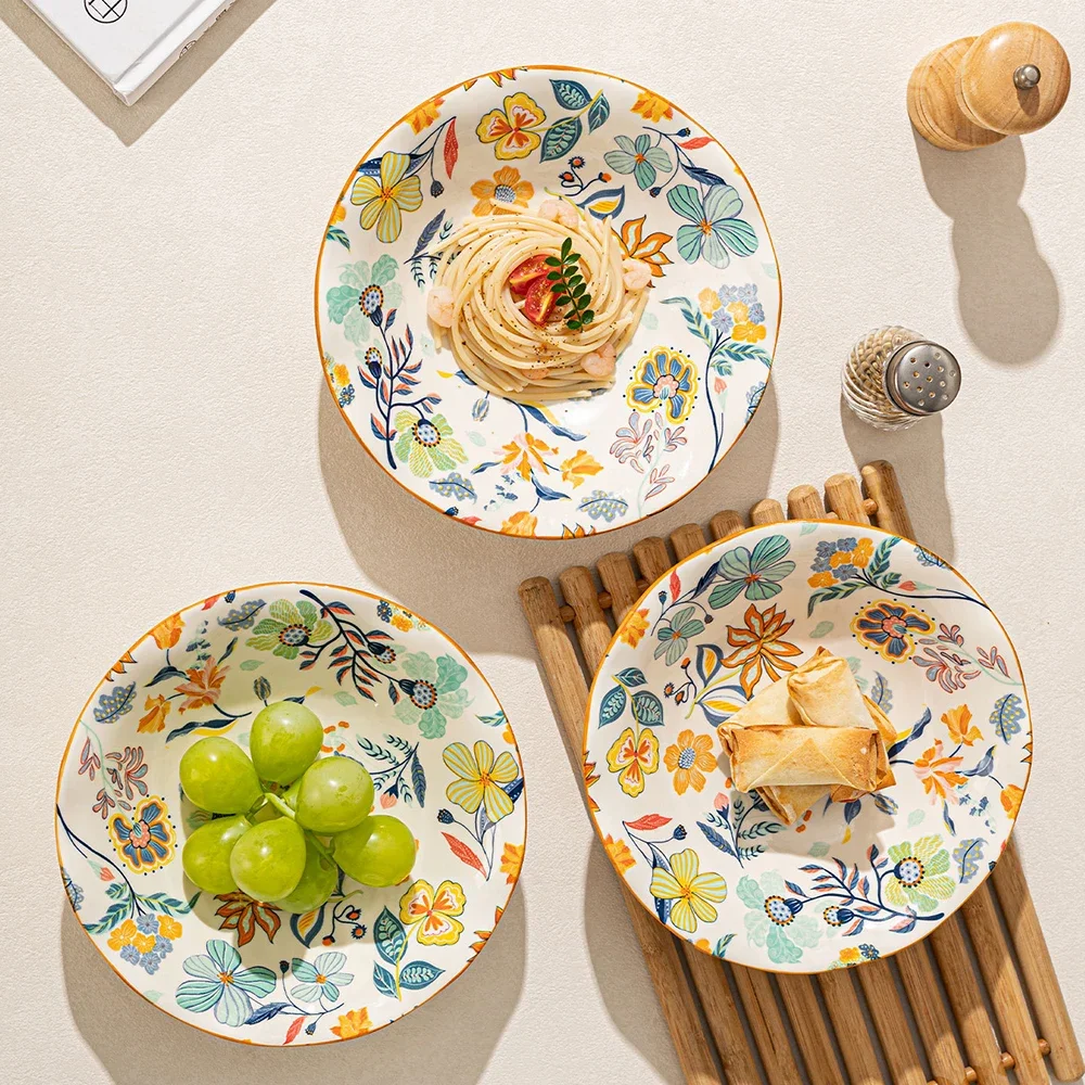 Floral Glazed Ceramic Plates Exquisite Underglaze Colour Porcelain Home Dinnerware Fruit Snack Specialty Plates Tableware