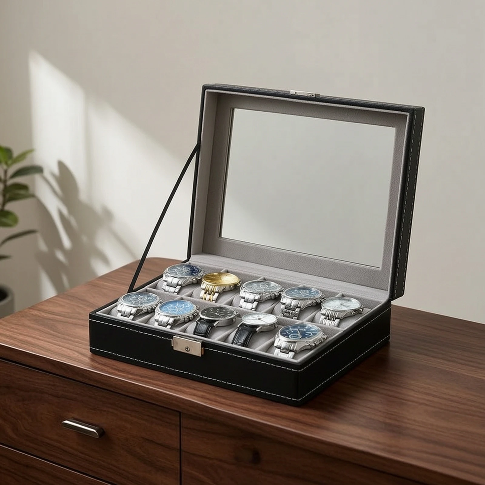 Watch Box Rectangular Watch Case Hinged Clear for Collectors, Dresser, Home