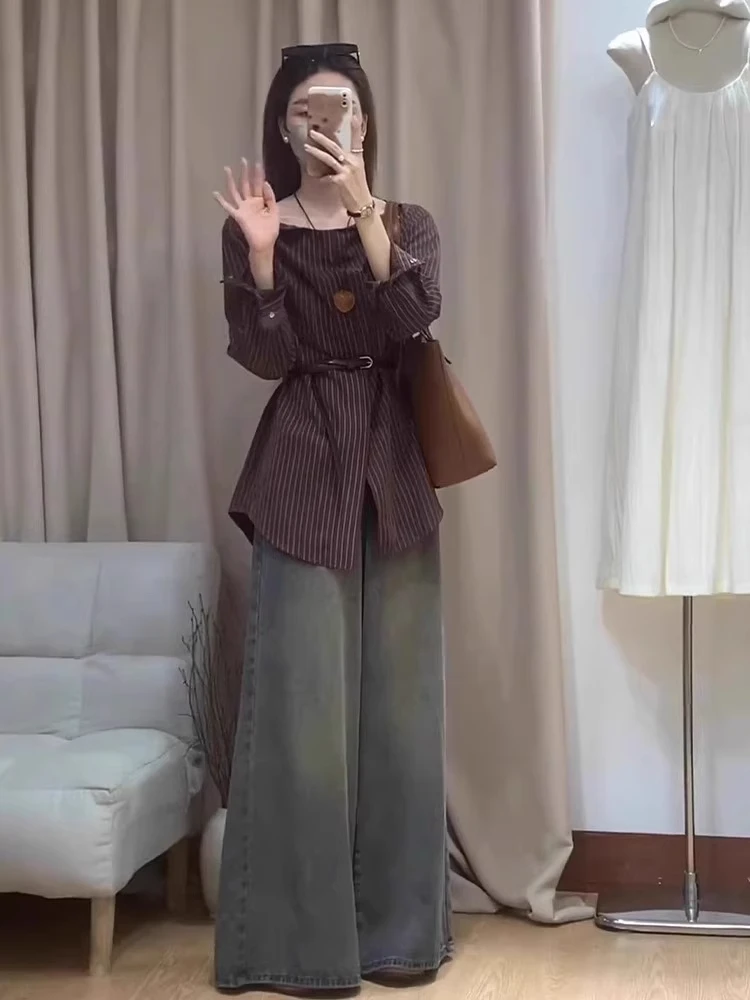 

Retro Coffee Striped One oulder Waist Cinching Slimming irt Women's Faion Spring Autumn Design Korean Sle Straight Tube