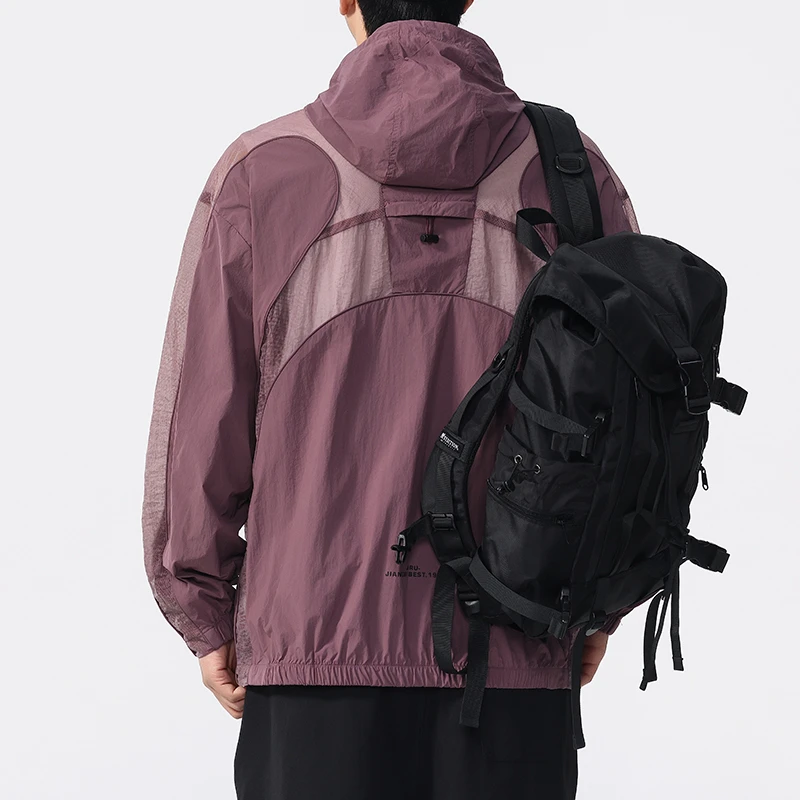 Outdoor Jacket Men Summer Lightweight Quick Dry Splice Mesh Techwear Hood Jacket Loose Casual Coat