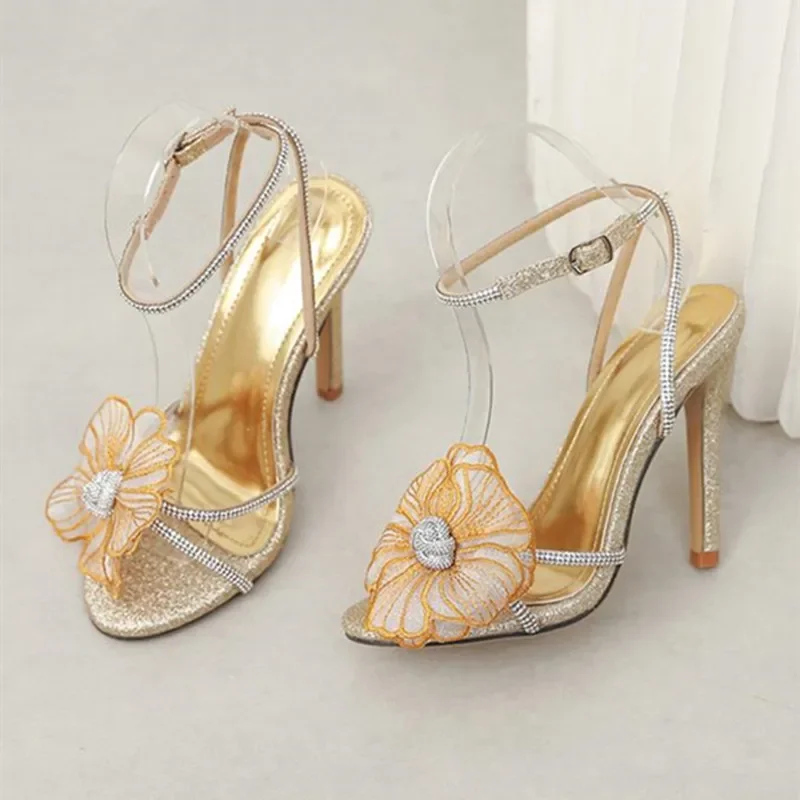

Fashion Rhinestone Embroidery Flowers Design Heeled Sandals Women Sexy Thin Heels Summer Elegant Buckle Slingback Dress Shoes