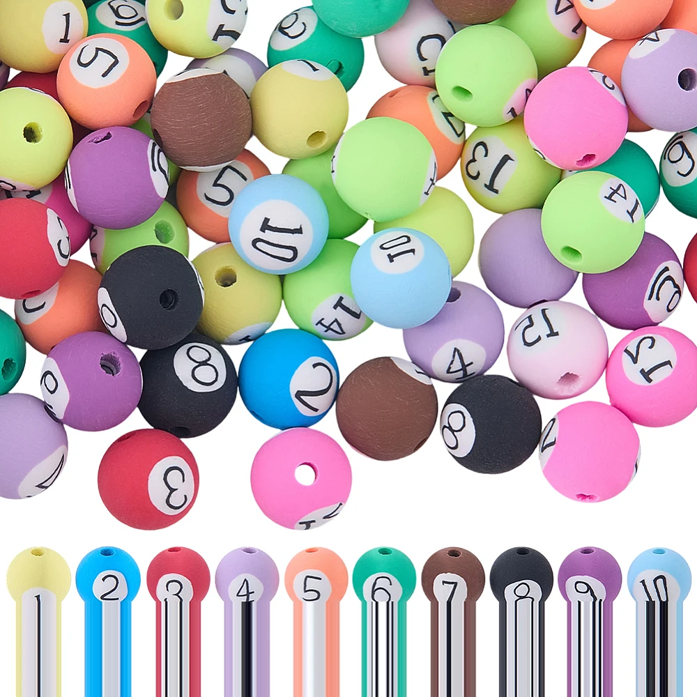 100Pcs Polymer Clay Round Beads Billiards Ball Beads with Number Multicolor 8mm Sports Chunky Bubblegum Loose Spacers