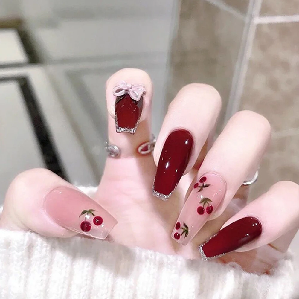 Glossy Pink Deep Red Fake Nail Sticker Chip-Proof Smudge-Proof Fake Nails for Fingernail DIY Decoration