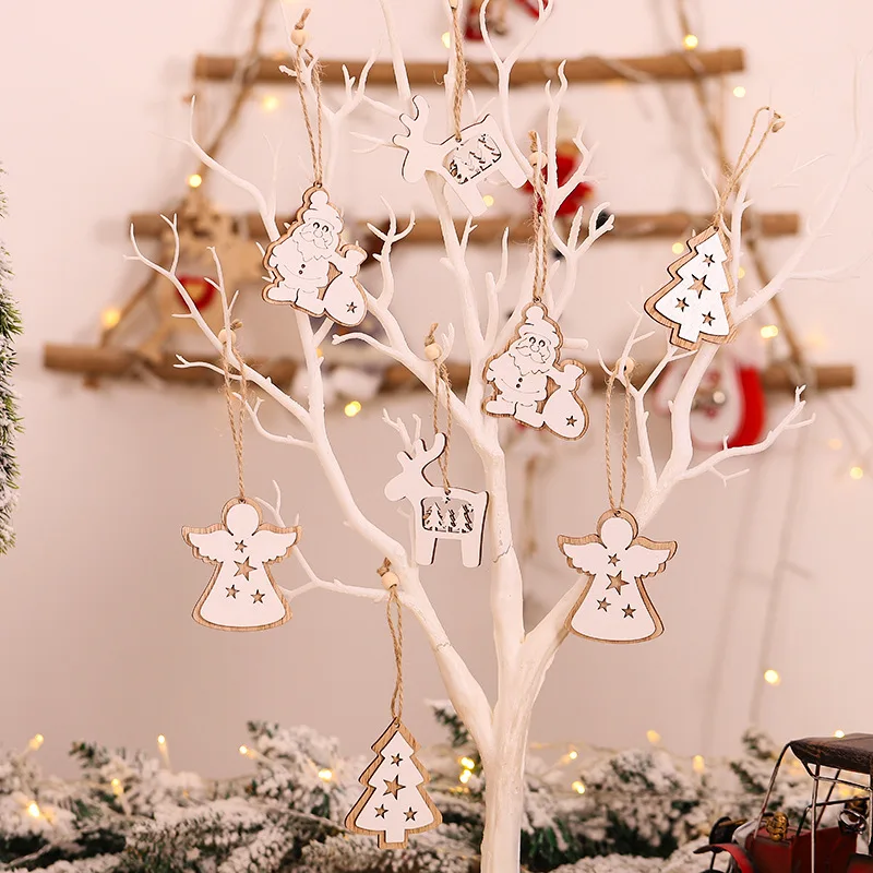 2pcs Natural Wooden Pendant Wood Snowflake Santa Christmas Decorations For Home Xmas Tree Hanging Ornament Noel Navidad New Year