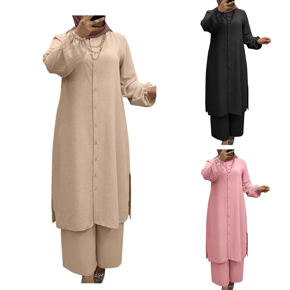 Raf Muslim 2 Pcs Pant Sets Women Abaya Fashion Clothing Autumn Long Shirts Wide Leg Vaist Pants Casual Loose Outfits Turkey