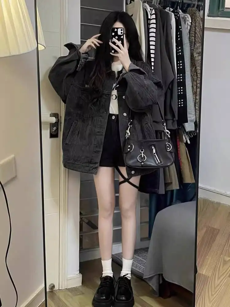 

2026 Spring Fall Vintage Black Denim Jacket For Women Casual Loose BF Lazy Style Oversized Jean Jacket Petite Streetwear Coat
