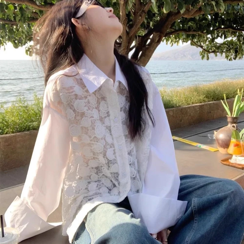 Wiosna/Lato 2025 Design Sense Koronkowa koszula damska z długim rękawem i luźnymi dziurami