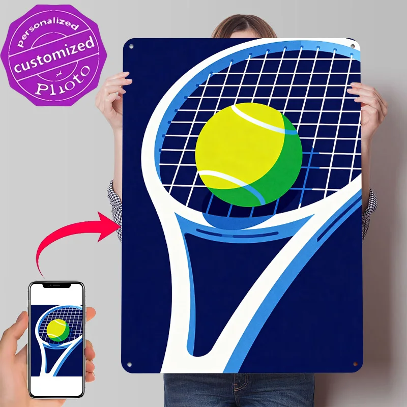 Tennis Racket and Ball Illustration 3D Texture Printed Poster Custom Vintage Metal Tin Plate Sign for Wall Art Wand Deko House