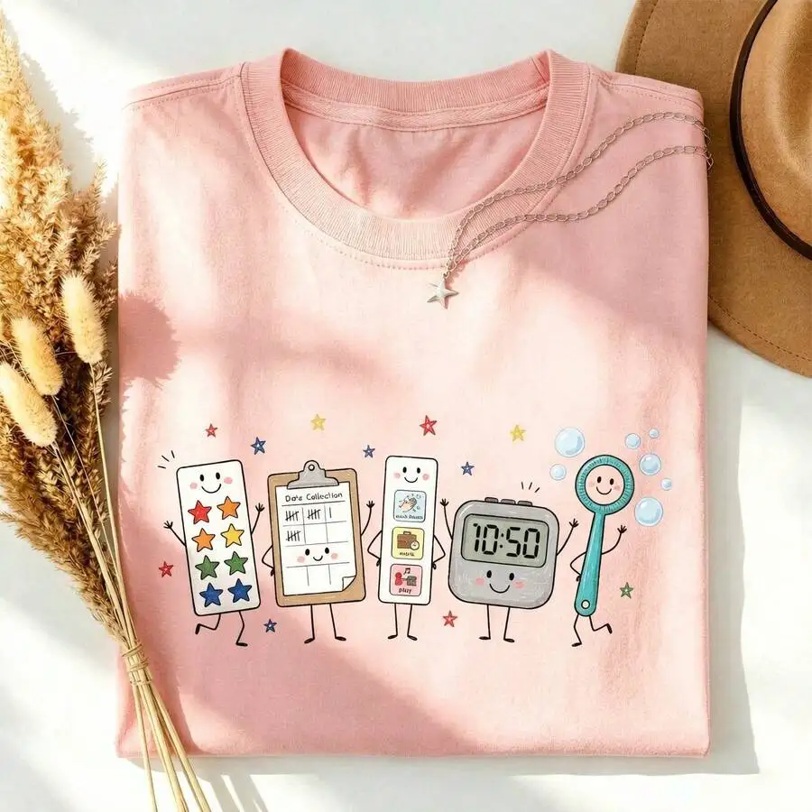 Women Trendy ABA Therapist Cute Behavior Data Clipboard Star Timer Crewneck Short Sleeve T Shirt Clinic School Fall Casual 1 Piece Everyday Wear Top